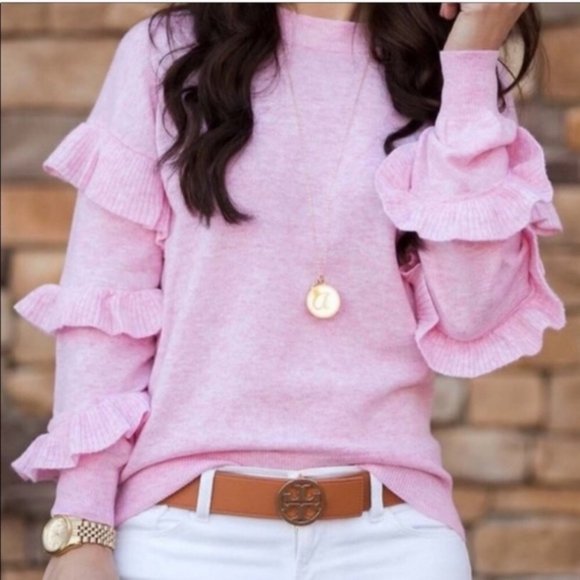 J. Crew Pink Wool Blend Warm Sweater with Ruffled Long Sleeves - Picture 1 of 9